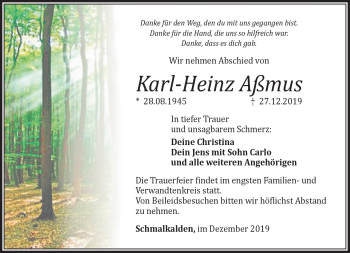 Traueranzeige von Karl-Heinz Aßmus von Südthüringer Presse