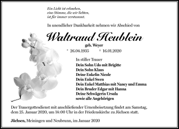 Traueranzeige von Waltraud Heublein von Südthüringer Presse