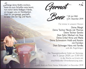 Traueranzeige von Gernot Beez von Südthüringer Presse