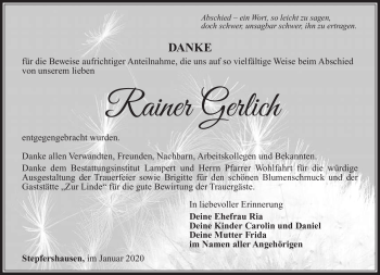 Traueranzeige von Rainer Gerlich von Südthüringer Presse