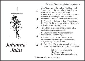 Traueranzeige von Johanna Jahn von Südthüringer Presse