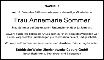 Traueranzeige von Annemarie Sommer von Neue Presse Coburg