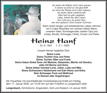 Traueranzeige von Heinz Hanf von Südthüringer Presse