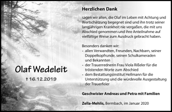 Traueranzeige von Olaf Wedeleit von Südthüringer Presse