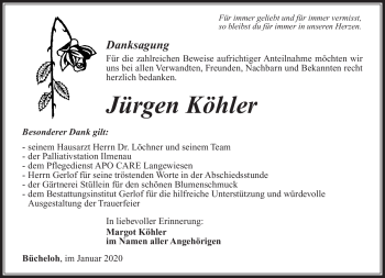Traueranzeige von Jürgen Köhler von Südthüringer Presse