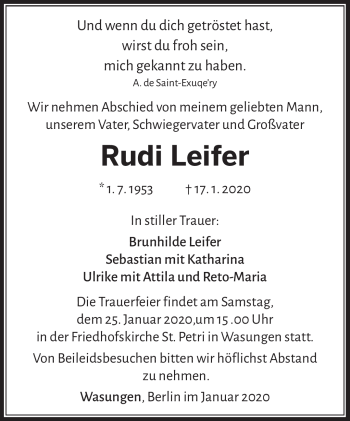 Traueranzeige von Rudi Leifer von Südthüringer Presse
