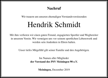 Traueranzeige von Hendrik Schmidt von Südthüringer Presse