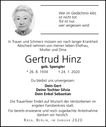 Traueranzeige von Gertrud Hinz von Südthüringer Presse