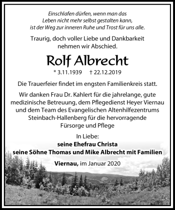 Traueranzeige von Rolf Albrecht von Südthüringer Presse