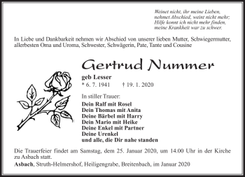 Traueranzeige von Gertrud Nummer von Südthüringer Presse