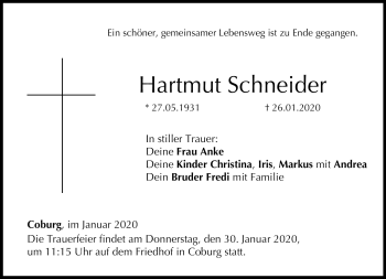 Traueranzeige von Hartmut Schneider von Neue Presse Coburg