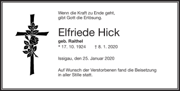 Traueranzeige von Elfriede Hick von Frankenpost