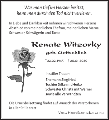 Traueranzeige von Renate Witzorky von Südthüringer Presse