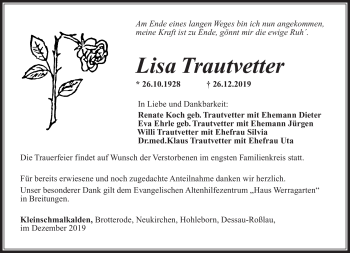 Traueranzeige von Lisa Trautvetter von Südthüringer Presse