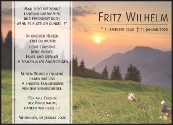 Traueranzeige von Fritz Wilhelm von Südthüringer Presse