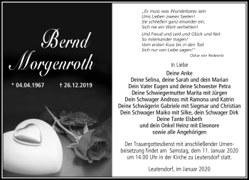 Traueranzeige von Bernd Morgenroth von Südthüringer Presse