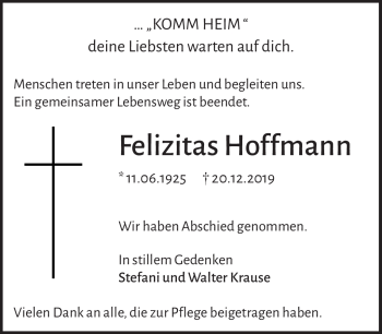 Traueranzeige von Felizitas Hoffmann von Südthüringer Presse