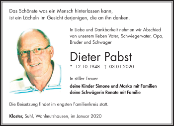 Traueranzeige von Dieter Pabst von Südthüringer Presse