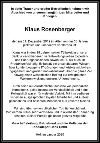 Traueranzeige von Klaus Rosenberger von Frankenpost