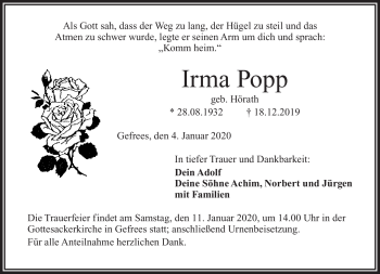 Traueranzeige von Irma Popp von Frankenpost