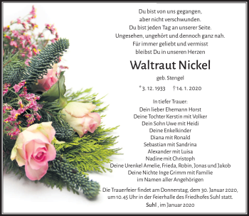 Traueranzeige von Waltraut Nickel von Südthüringer Presse