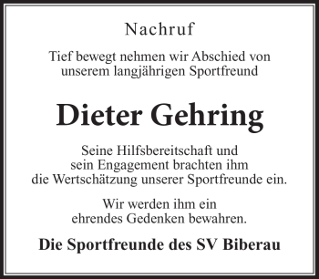 Traueranzeige von Dieter Gehring von Südthüringer Presse