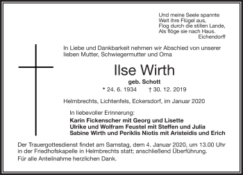 Traueranzeige von Ilse Wirth von Frankenpost
