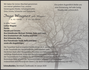 Traueranzeige von Inge Wagner von Südthüringer Presse