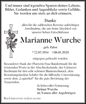Traueranzeige von Marianne Wurche von Südthüringer Presse