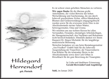 Traueranzeige von Hildegard Herrendorf von Südthüringer Presse