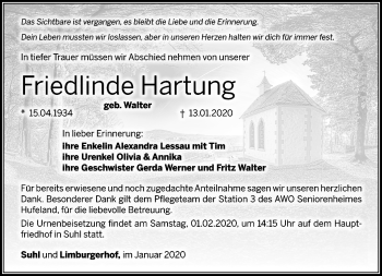 Traueranzeige von Friedlinde Hartung von Südthüringer Presse