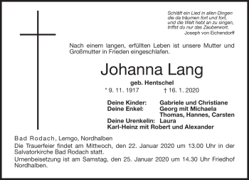 Traueranzeige von Johanna Lang von Neue Presse Coburg