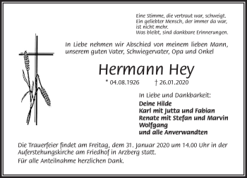 Traueranzeige von Hermann Hey von Frankenpost