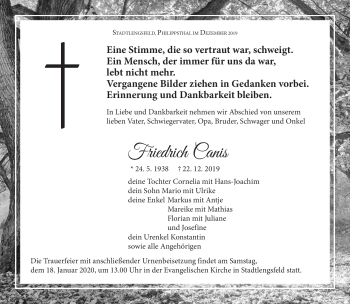 Traueranzeige von Friedrich Canis von Südthüringer Presse