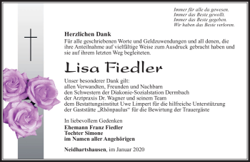 Traueranzeige von Lisa Fiedler von Südthüringer Presse