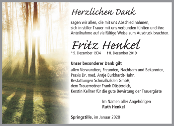 Traueranzeige von Fritz Henkel von Südthüringer Presse