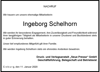 Traueranzeige von Ingeborg Schelhorn von Neue Presse Coburg