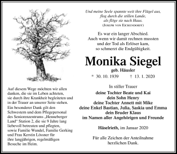Traueranzeige von Monika Siegel von Südthüringer Presse
