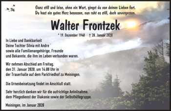Traueranzeige von Walter Frontzek von Südthüringer Presse