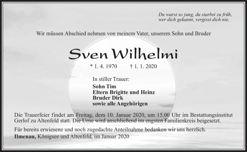  Traueranzeige für Sven Wilhelmi vom 08.01.2020 aus Südthüringer Presse