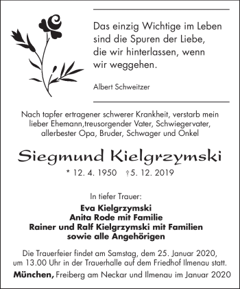 Traueranzeige von Siegmund Kielgraymski von Südthüringer Presse