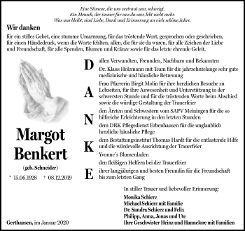 Traueranzeige von Margot Benkert von Südthüringer Presse