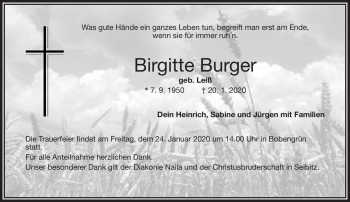 Traueranzeige von Brigitte Burger von Frankenpost