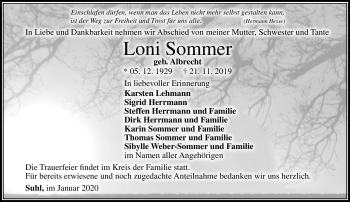 Traueranzeige von Loni Sommer von Südthüringer Presse