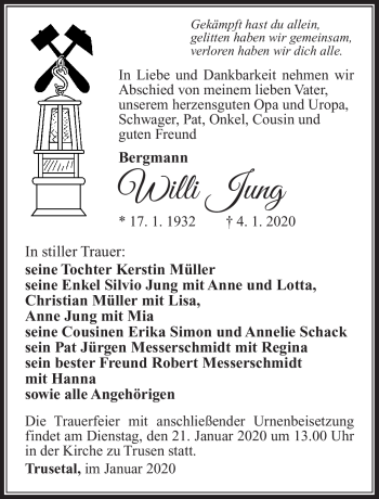 Traueranzeige von Wili Jung von Südthüringer Presse