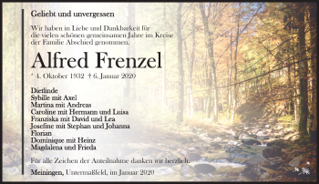 Traueranzeige von Alfred Frenzel von Südthüringer Presse