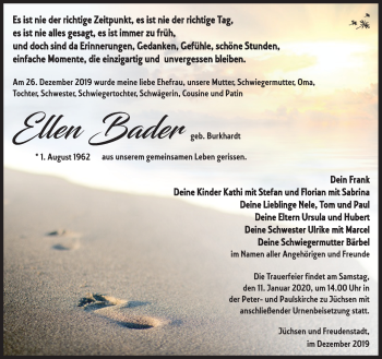 Traueranzeige von Ellen Bader von Südthüringer Presse