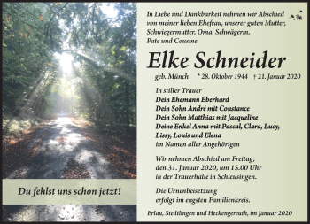 Traueranzeige von Elke Schneider von Südthüringer Presse