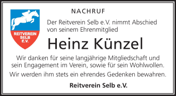 Traueranzeige von Heinz Künzel von Frankenpost