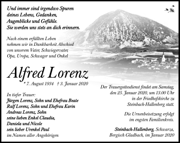 Traueranzeige von Alfred Lorenz von Südthüringer Presse